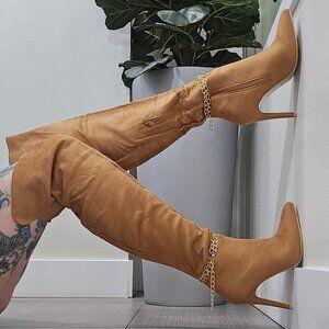 Tan Suede ✦ Over-The-Knee Heeled Boots ✦ Gold Chain Detail Side Zip Pointed Toe